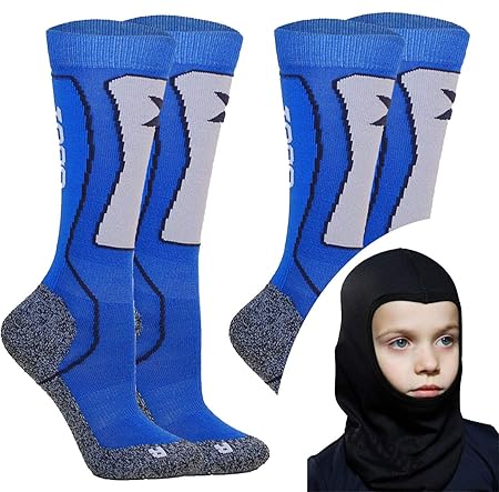 Kids Skisocken Set - 2 Paar WARM Kinder Merino SKISTRUMPF + Thermo Sturmhaube - für Mädchen Junge Italien Thermische Socken mit Merino Wolle