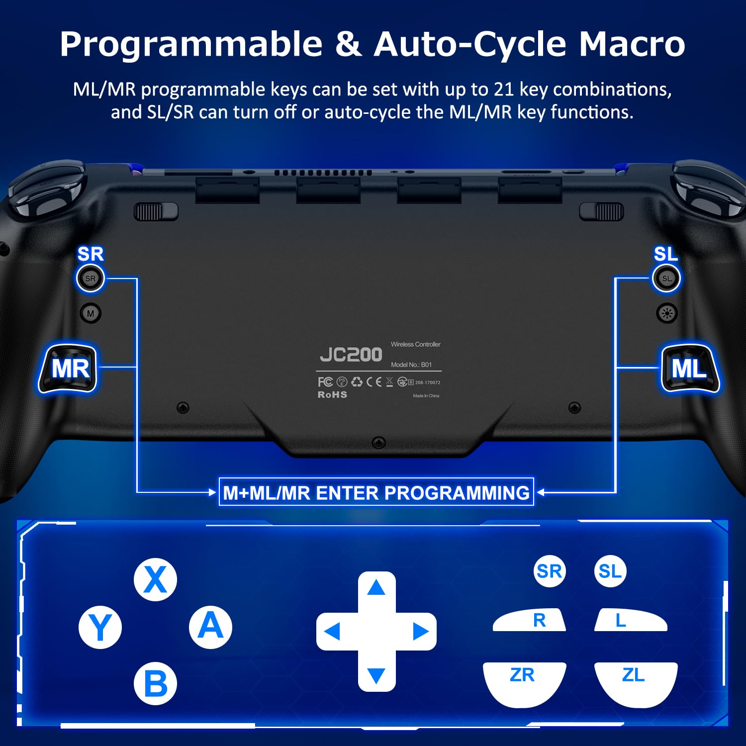 Spican Switch Controllers for Nintendo Switch/OLED, Hall Effect Wireless Pro Controller One-Piece Joypad, Full-Size Ergonomic Handheld Mode Gamepads with 17 Colors Light/Battery/Turbo/Macro/4 Game Slot