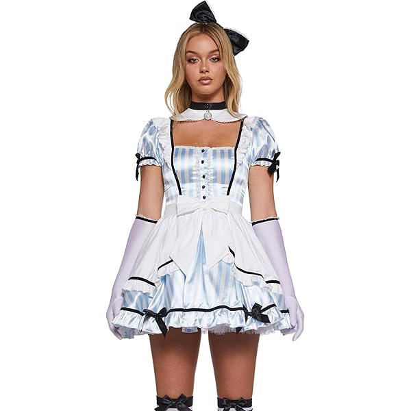 Amazon.com: Bwlizfuz Women's Blue and White Maid Dress with Apron, Alice  Halloween Costume Short Puff Sleeves Square Neck Lace Hemline Ruffle  Shoulder 3-Piece Set with Hairband and Stockings for Adult Cosplay L :