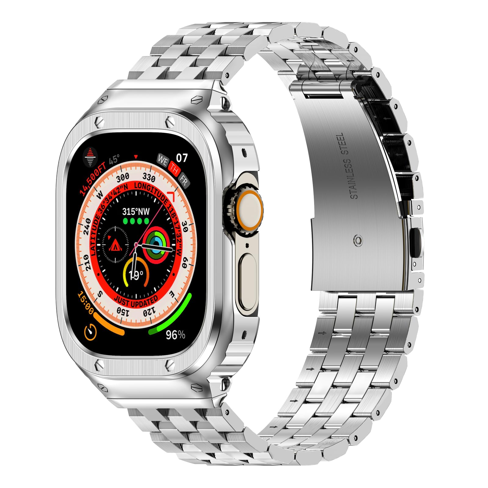 HASLFM Apple Watch Straps Compatible for Apple Watch Ultra 3/2/1 49mm,Rugged Metal Stainless Steel iWatch Band with Protective Case for Men，Silver