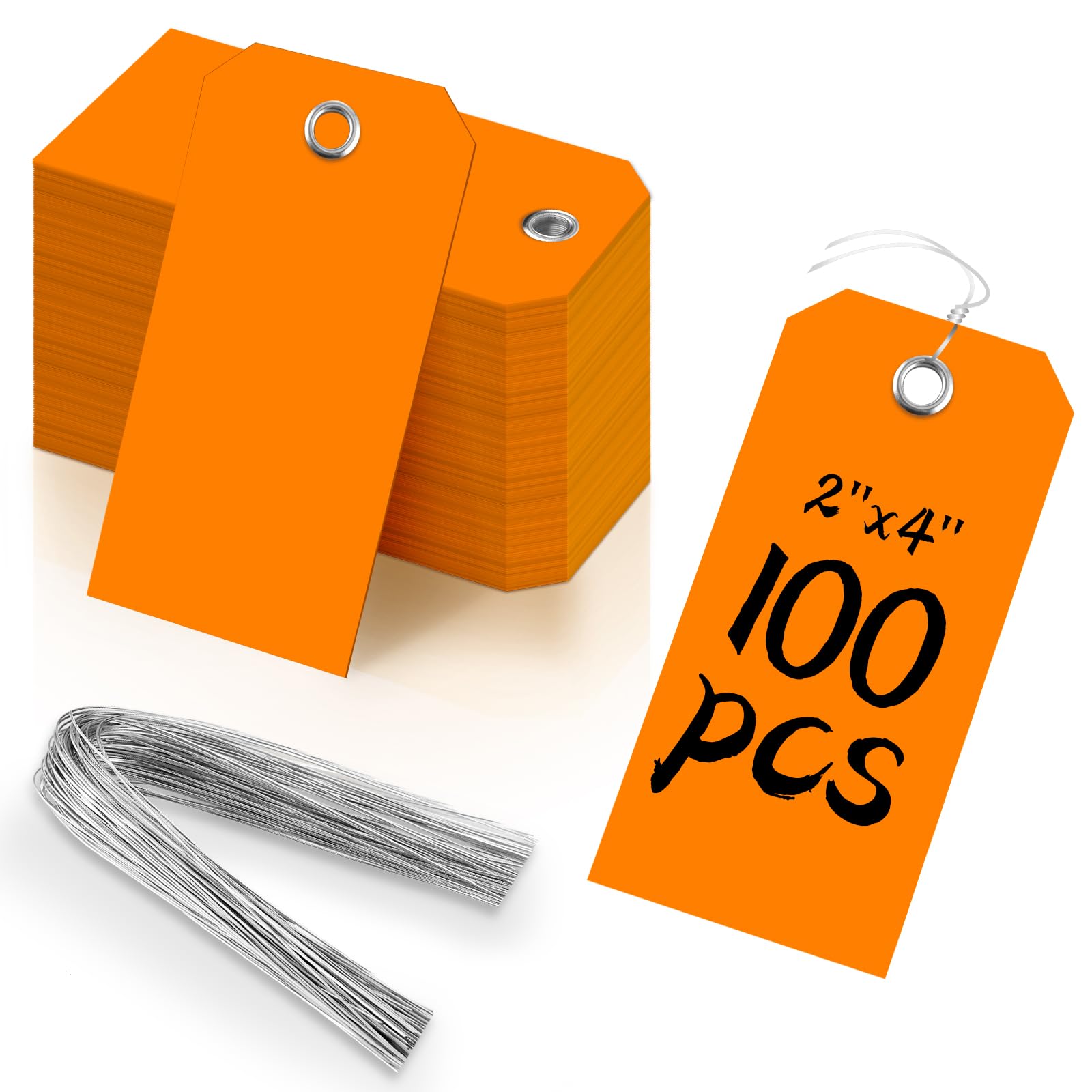 Photo 1 of 100 Pieces 2x4 Inch Orange Plastic Shipping Tags With Wires - Heavy Duty Waterproof Labels for Gift, Luggage, Garage Inventory - Reinforced Hang Tags With String