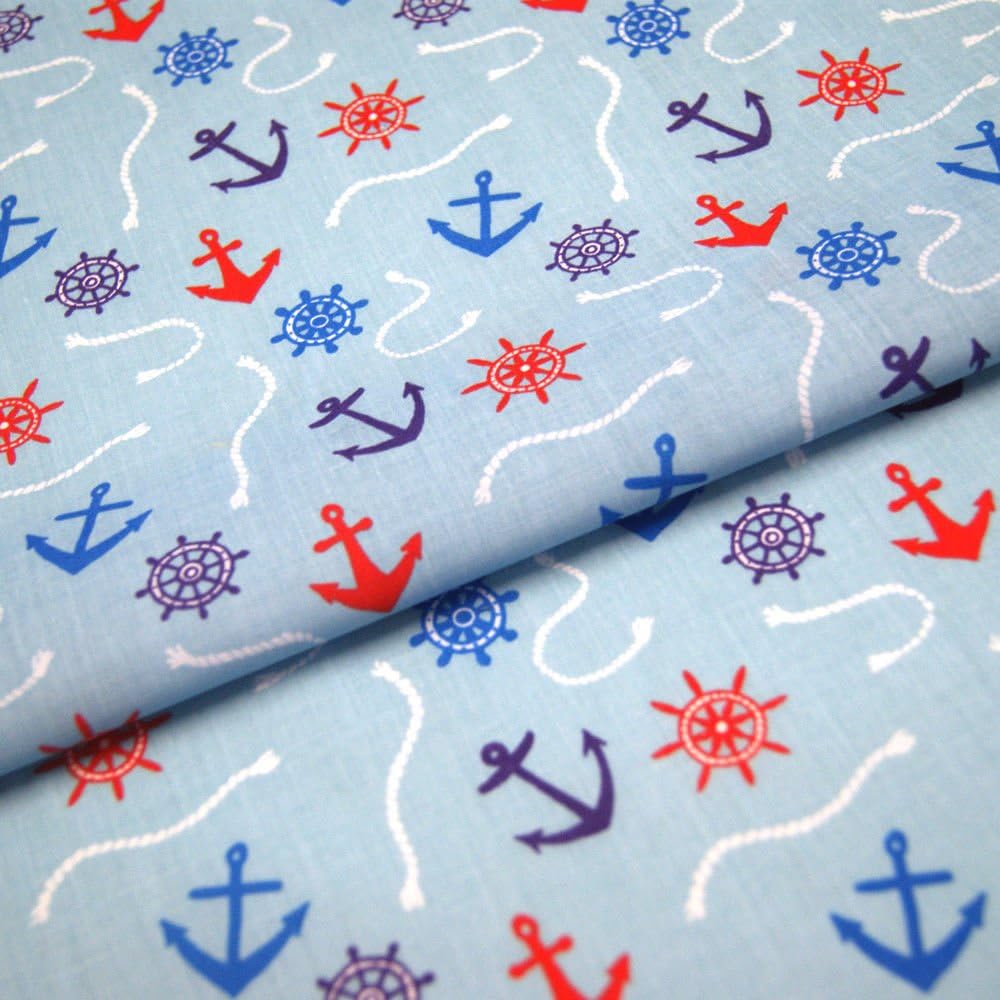 Anchors Fabric Children's Nautical Polycotton White Blue Red Navy Craft Kids Nursery (Per Metre)