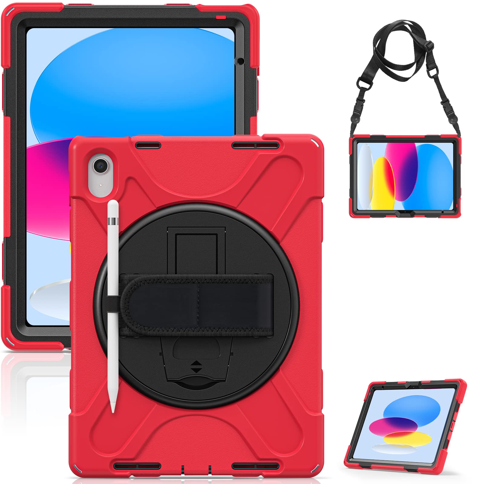 Gerutek for iPad 11th/10th Generation Case, Case 11th/10th Generation Shockproof with 360 Rotating Hand Strap, Adjustable Stand&Shoulder Strap,Heavy Duty Rugged iPad 11th/10th Gen Cover,Red — image 1