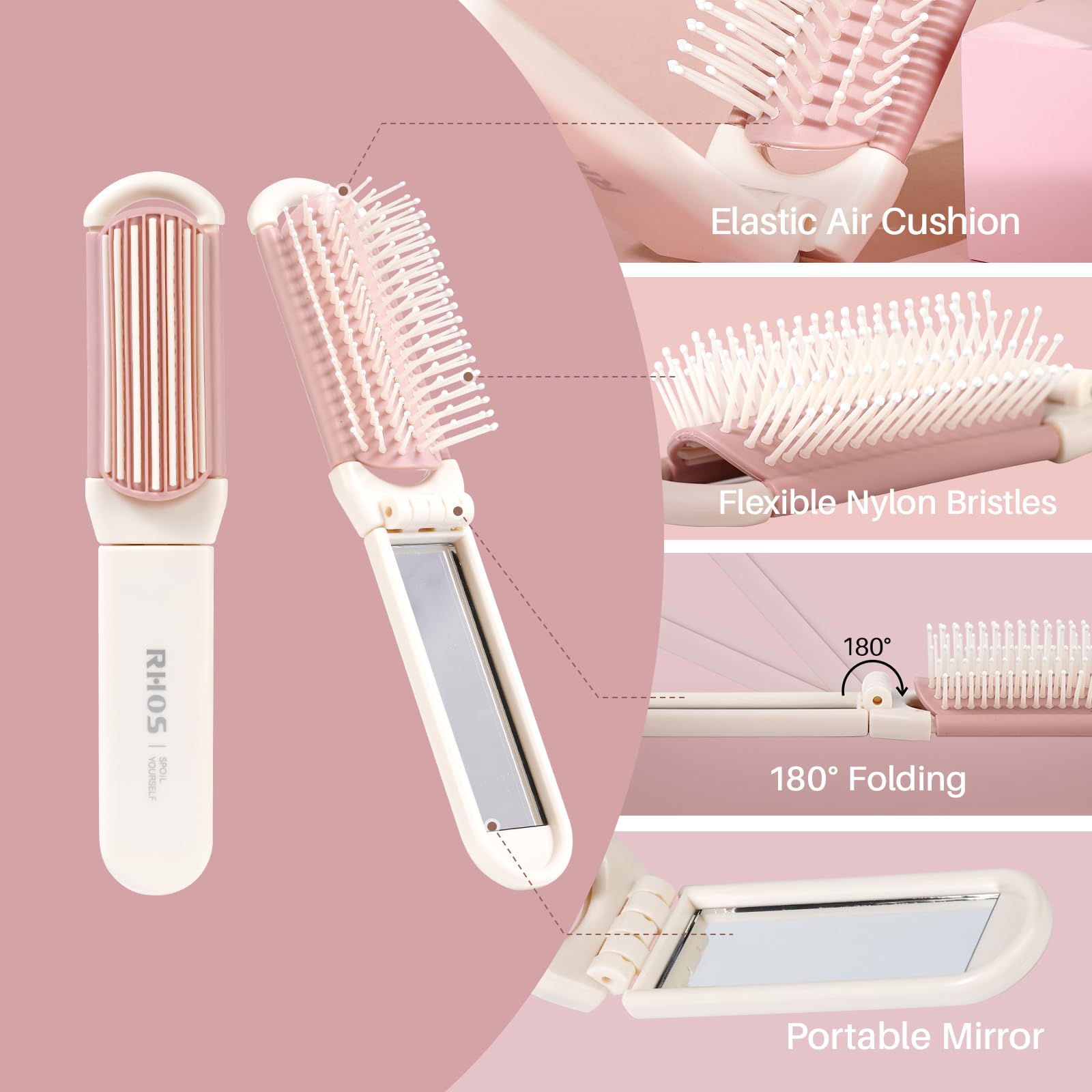 RHOS Folding Brush with Mirror for Women, Girls - Mini Hair Brush for Purse, Small Pocket Brush with Soft Nylon Bristles and Mirror for Travel (Beige)