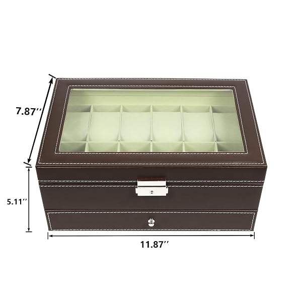 OGRMAR 12 SLOT PU LEATHER LOCKABLE WATCH STORAGE BOXES, MEN & WOMEN JEWELRY DISPLAY DRAWER CASE, 2-TIER ORGANIZER WATCH SHOWCASE WITH GLASS LID (BROWN)