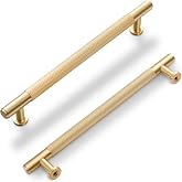 SALISENG- Solid Brass Kitchen Cabinet Pulls, 5 Pack Brushed Gold Drawer Handles, 6-3/10 Inches Hole Distance,Modern Furniture Hardware Door Handles for Closet Cupboard Wardrobe(Arina)