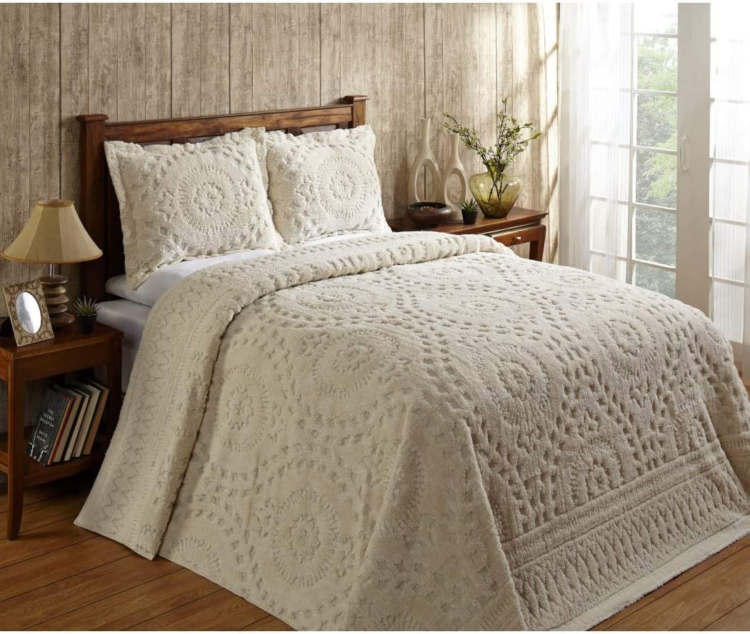 1 Piece Natural Oversized Chenille Bedspread King, Coastal Solid Color Medallion