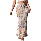 WDIRARA Women's Tie Dye Fishtail Maxi Skirts High Waisted Pleated Bodycon Long Skirt