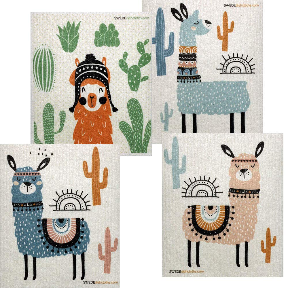 SWEDEdishcloths Mixed Llama Pack of 4 Swedish Dishcloths (one of each design) Eco Friendly, Sponge Cloth, Replacement for Paper Towel