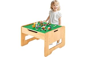 FUNLIO 2-in-1 Solid Wood Activity Table for Toddlers Ages 3+, Height Adjustable Kids Play Table with 450pcs Building Blocks &
