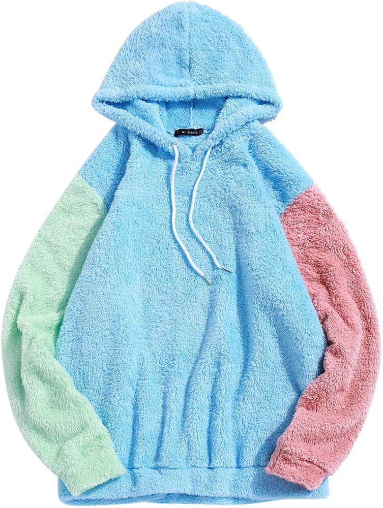 ZAFUL Color Blocking Fuzzy Hoodie Unisex Men Sherpa Pullover Loose Fluffy Sweatshirt at  Men’s Clothing store