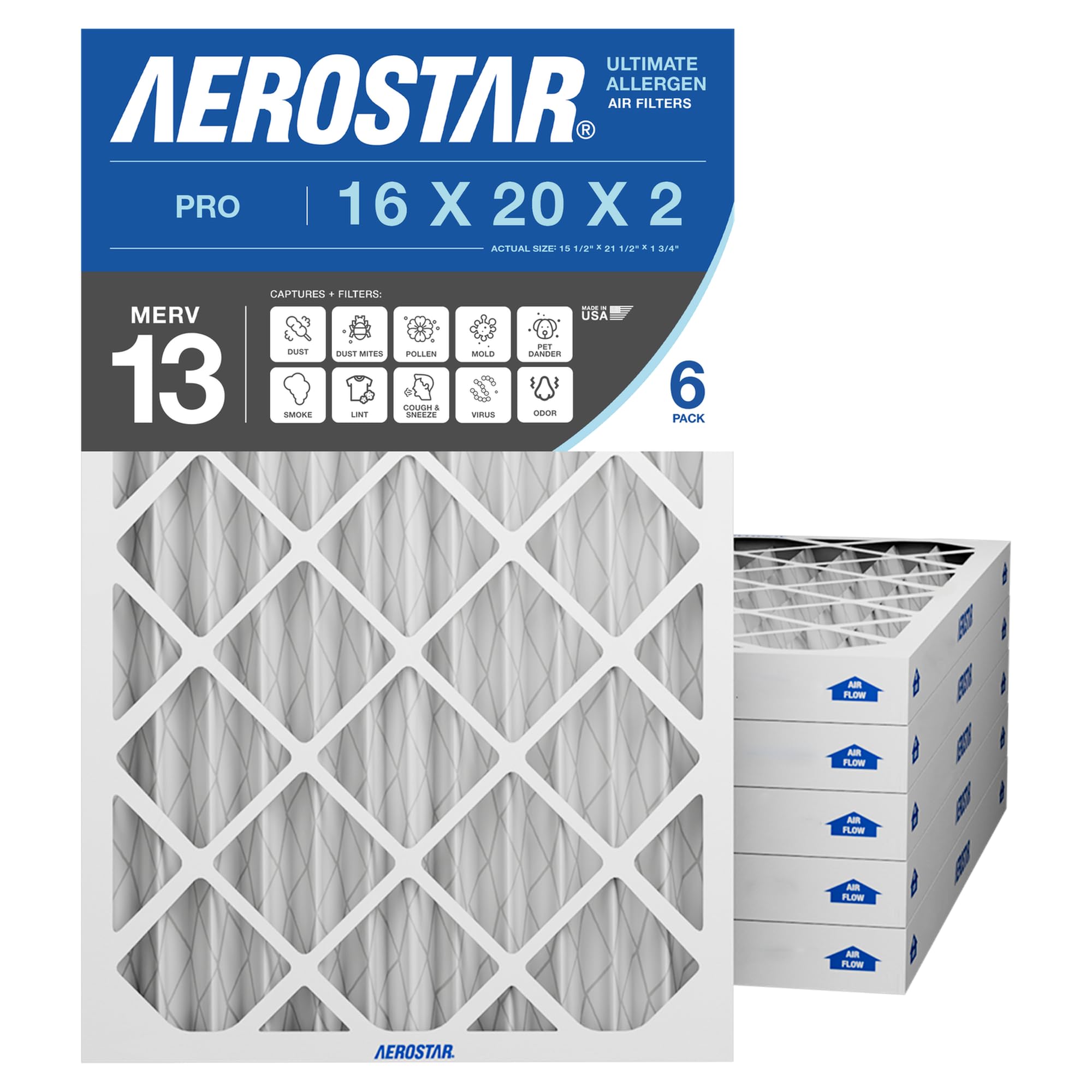 Aerostar 19 7/8 x 21 1/2 x 1 MERV 6 Pleated Air Filter, AC Furnace Air Filter, 6 Pack (Actual Size: 19 7/8"x21 1/2"x3/4") Image
