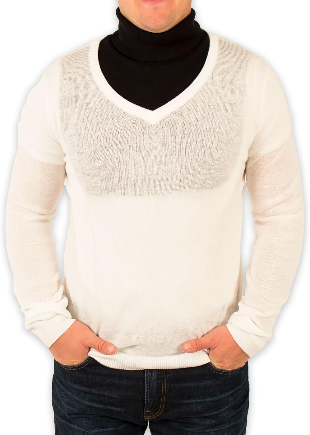 Men's Redneck Cousin V-Neck White Sweater with Black Dickey