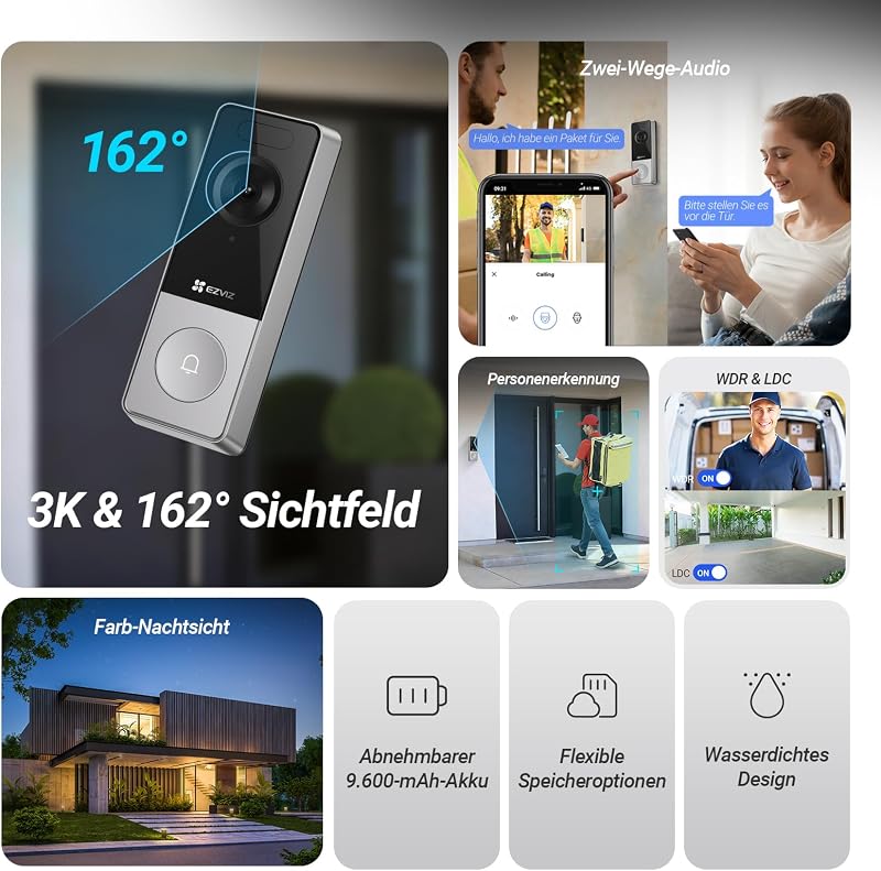 CP8 Akku Türklingel Video Doorbell mit 3K 5MP Kamera und Chime