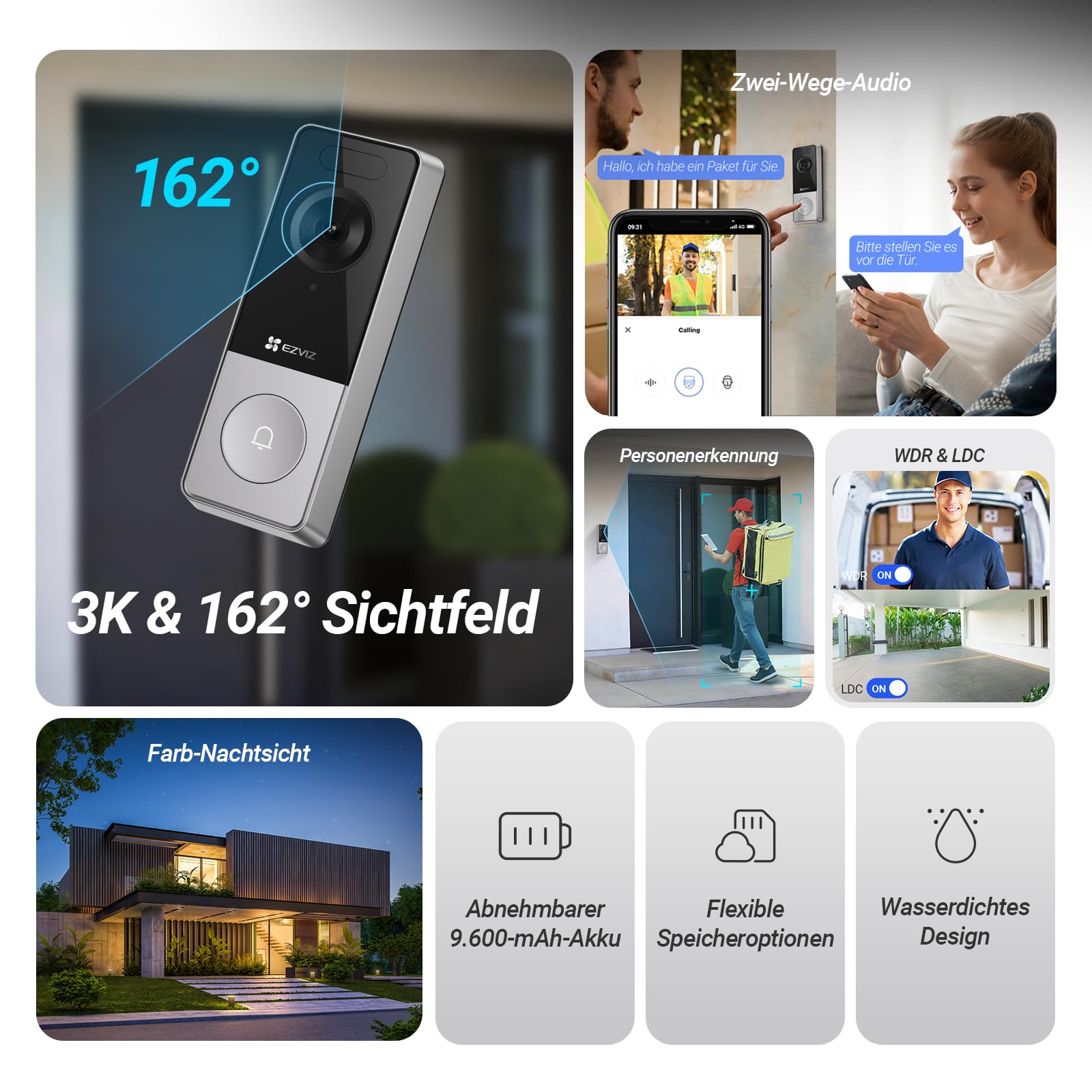 EZVIZ CP8 WLAN Video Türklingel Kabellos mit 3K 5MP Kamera, 9600mAh Herausnehmbarem Akku, Wi-Fi 6, Farbnachtsicht, 162° Weitwinkel, Personenerkennung, Chime, 2-Wege-Audio, Alexa & Google Assistant 2