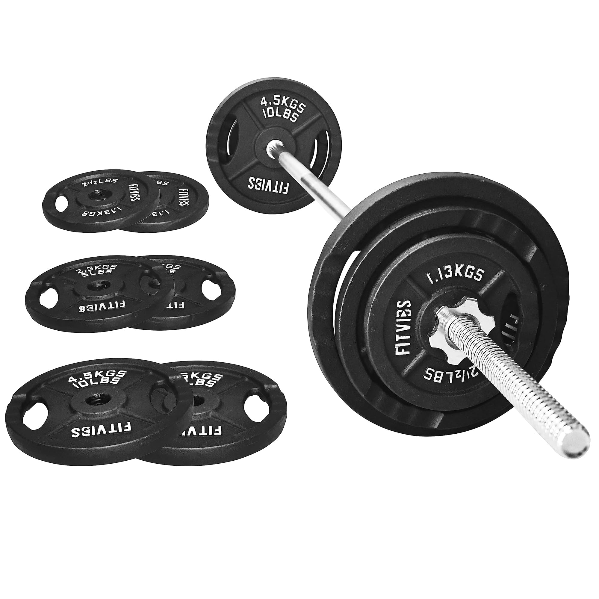 Photo 1 of ***THE BAR IS MISSING***   Fitvids Barbell Weight Set, Cast Iron 1" Standard Weight Plates Including 5FT Bar & Star Locks, Style #3, Black