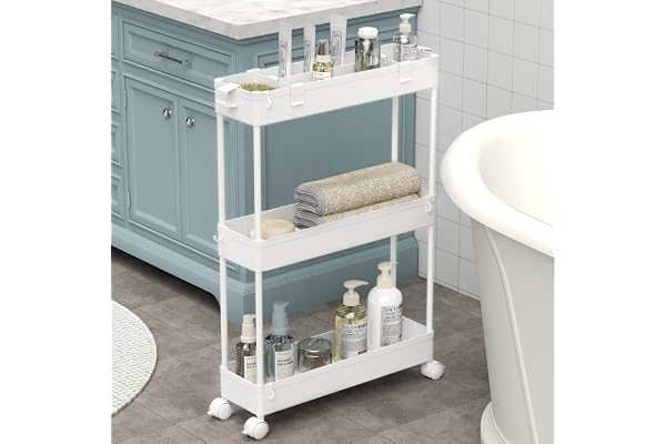 SPACELEAD Slim Storage Cart,3 Tier Bathroom Rolling Utility Cart Storage Organizer Slide Out Cart, Mobile Shelving Unit Organ
