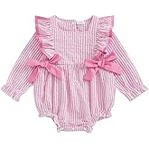 Sasaerucure Newborn Baby Girl Fall Outfit Striped Ruffle Long Sleeve Romper Bodysuit Smocked Bubble Clothes