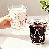 Gahlybsf 2Pack Pink Bow Glass Cups, 14oz Cute Aesthetic Bow Glass Cups for Iced Coffee, Milk, Juice,Cocktail