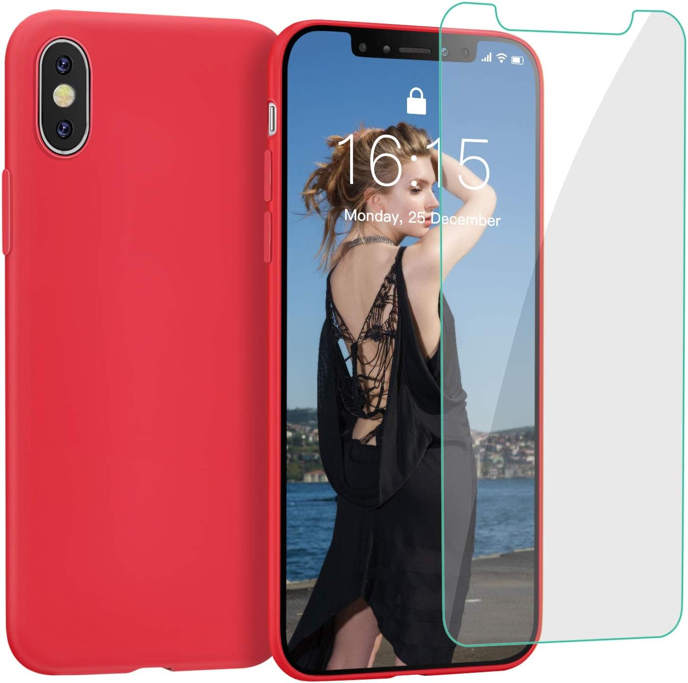 JASBON Compatible with iPhone Xs Max Case, Liquid Silicone Gel Rubber Ultra Slim Shockproof Cover with Free Tempered Screen Full Protection Soft Microfiber Lining Cushion Case for iPhone Xs Max-Red