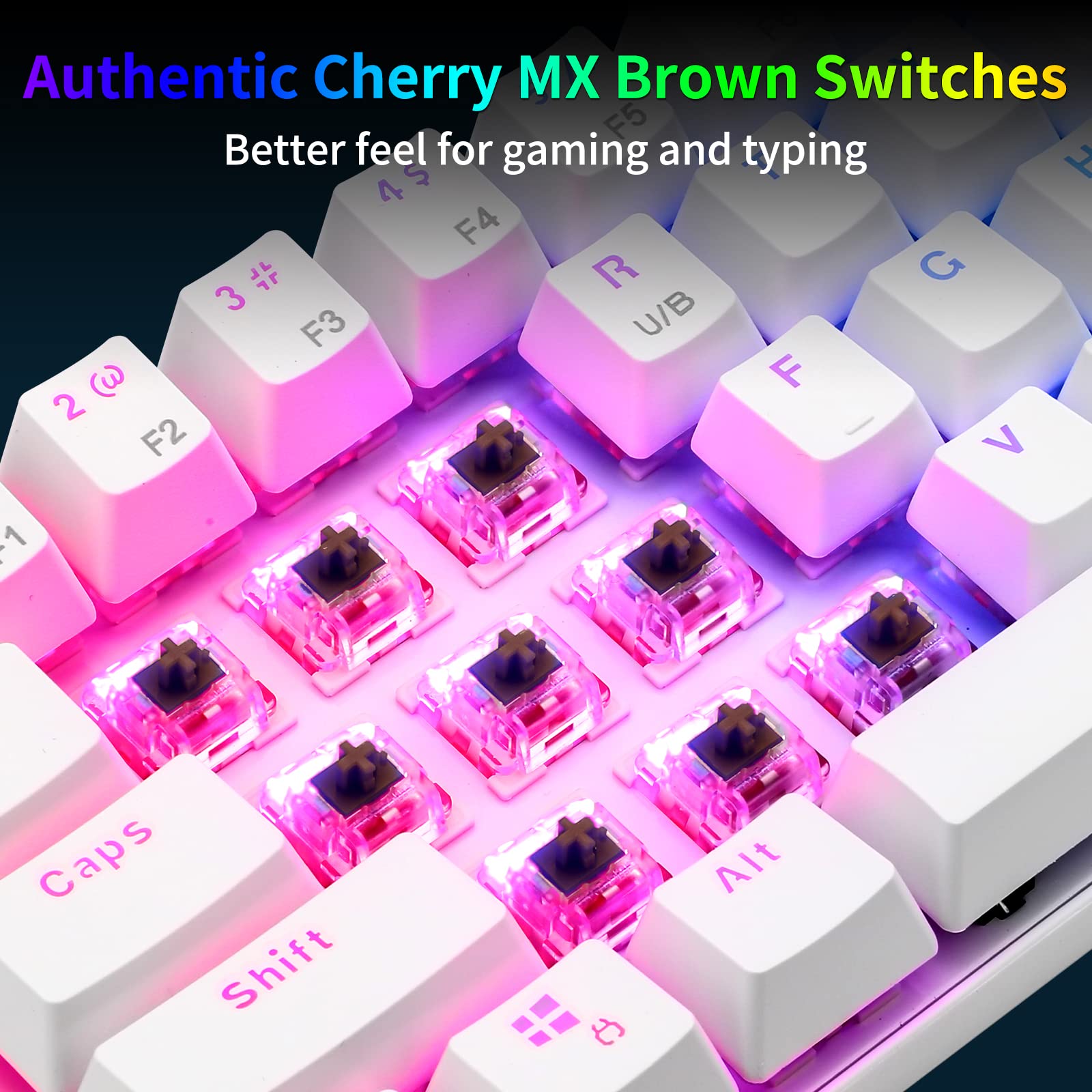 HUO JI CQ63 60% RGB Wireless Mechanical Gaming Keyboard, Authentic Cherry MX Brown Switches, Bluetooth 5.0, Wired Keyboard 63 Keys for PC Tablet Laptop Cell Phone, White