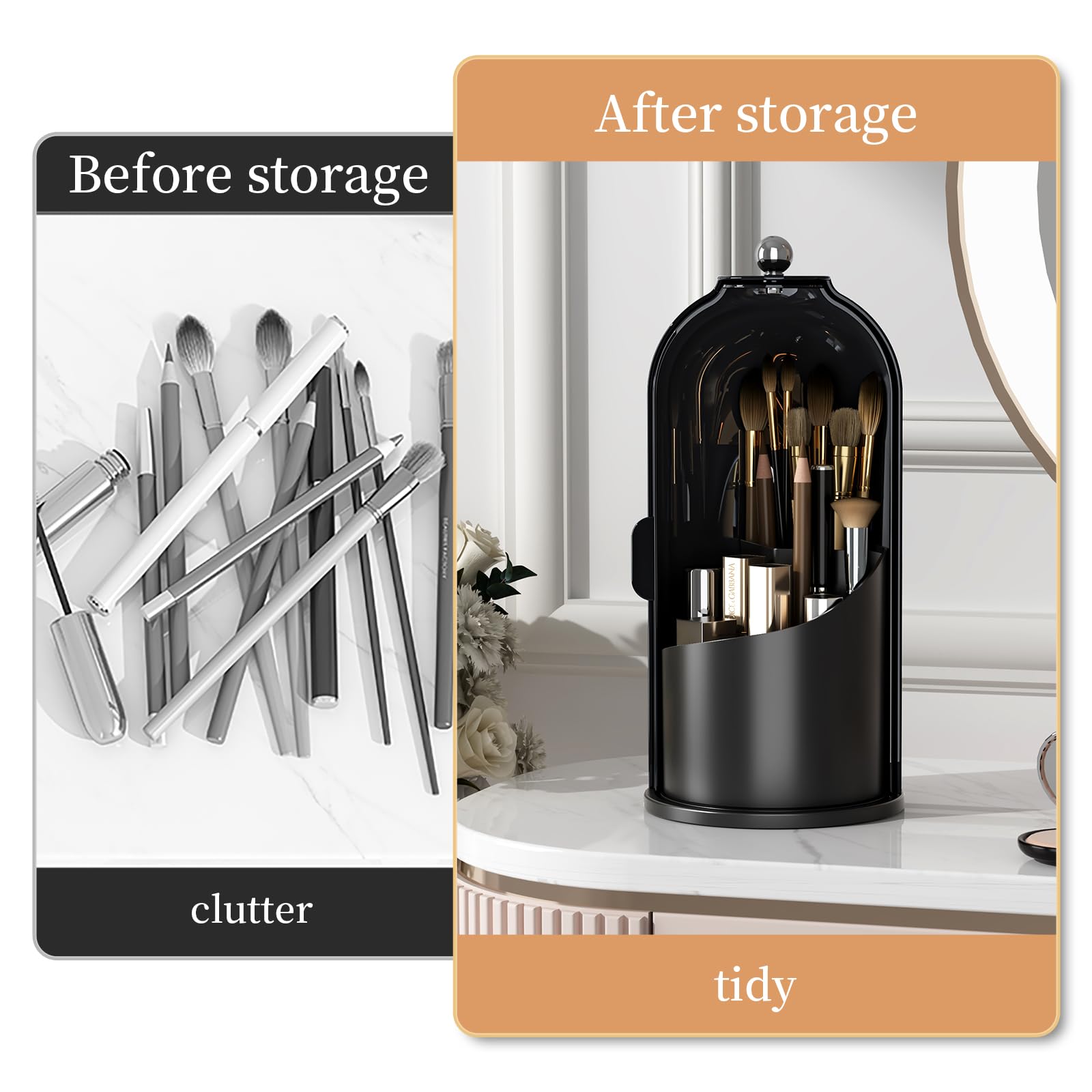 Zufudo Dustproof Toothbrush Holders with Cover, Rotating Electric Toothbrush and Toothpaste Holder for Bathroom Countertop, 3 Slots Makeup Brushes Organizer, Solid Black