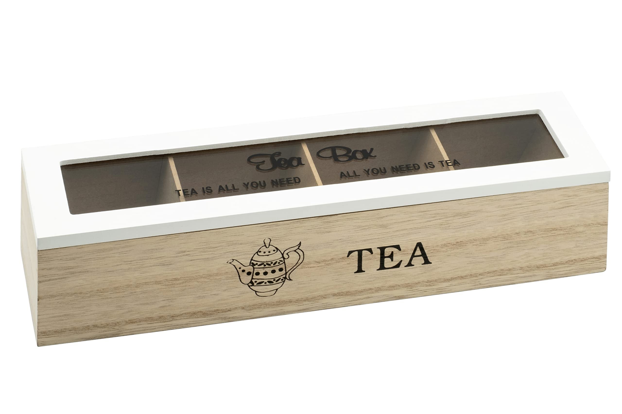 Wooden Tea Box, Tea and Herbal Tea Bag Holder with 4 Compartments Tea Box