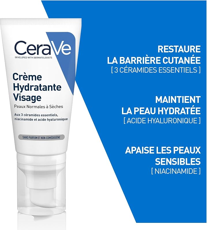- Crème Hydratante Visage, Peaux Normales à Sèches, Hydratation 24h et Protection Cutanée avec Technologie MVE, Acide Hyaluronique et Niacinamide, et Céramides.