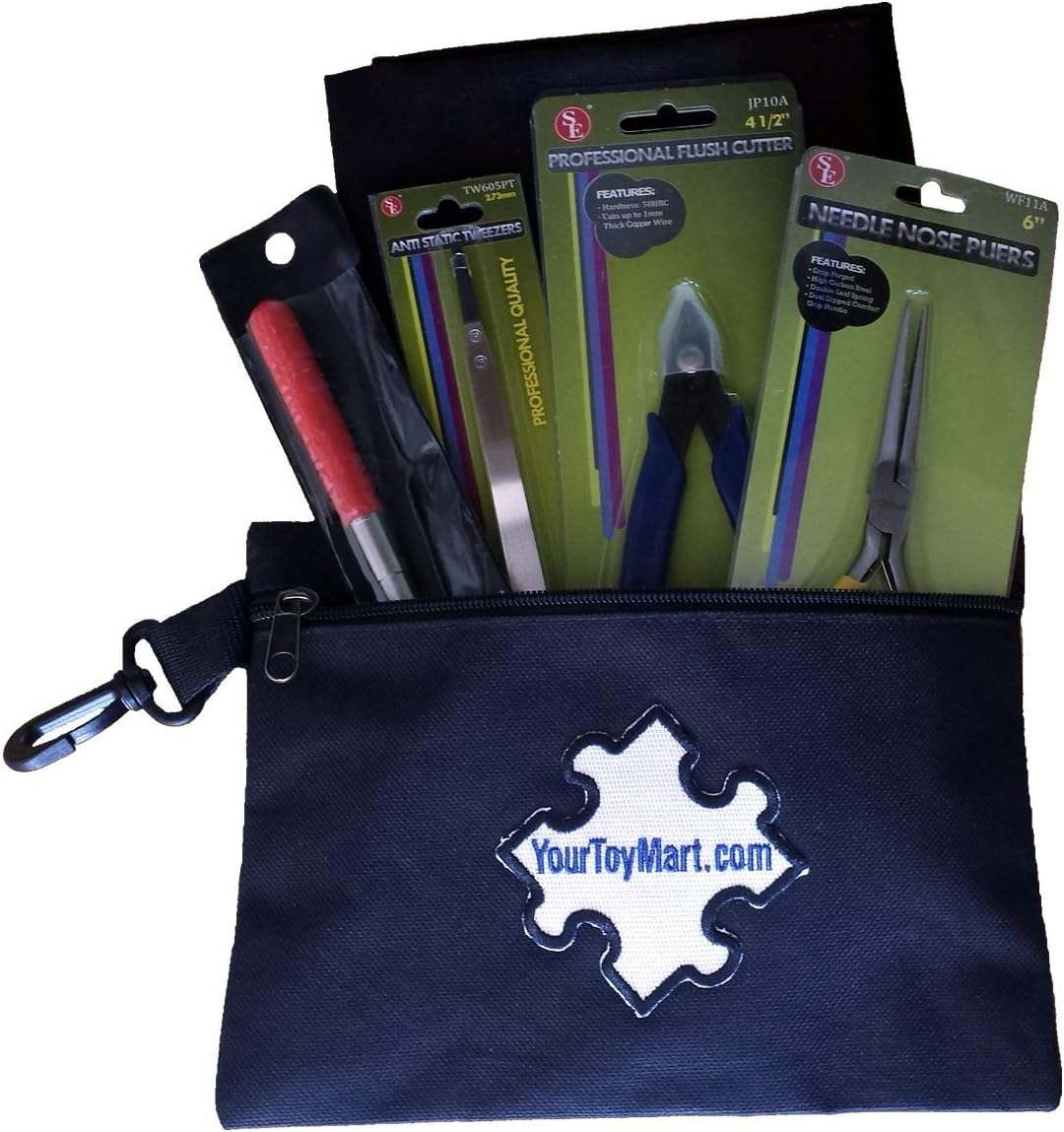 SOJ 3D Model Building Tool Kit Includes Pliers, Flush Cutter, Tweezers, Mandrel, Building Surface and Black Carry Pouch Bag