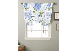 LOVE HOME DAY Watercolor Blue Hydrangea Flowers Tie Up Window Shade Curtain Blossom Floral Leaf Botanical Kitchen Adjustable Balloon Curtains Shades Drape 34x45In for Living Room/Bedroom/Cafe Windows Summer
