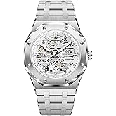 DoniRudy Men's Automatic Watch Skeleton Dial, 43mm Luminous Hands, Stainless Steel Bracelet, 30M Water Resistant Mechanical Wristwatch for Men