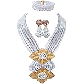 aczuv Fashion African Bead Necklace Nigerian Beads Wedding Jewelry Sets for Women (White)