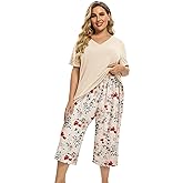 Vozanet Women's Pajamas Set Soft V Neck Sleepwear Top and Capri Pj Lounge Sets Cartoon Heart Shape Cat Nighty Plus Size