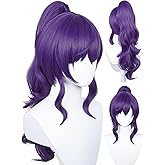 Half and Half Purple Ponytail Anime Wig with Bangs 23.6'' Long Curly Dark Purple Cosplay Wig Purple Game Nin-ja Costume Pigtail Wigs for Women Halloween Costume Party