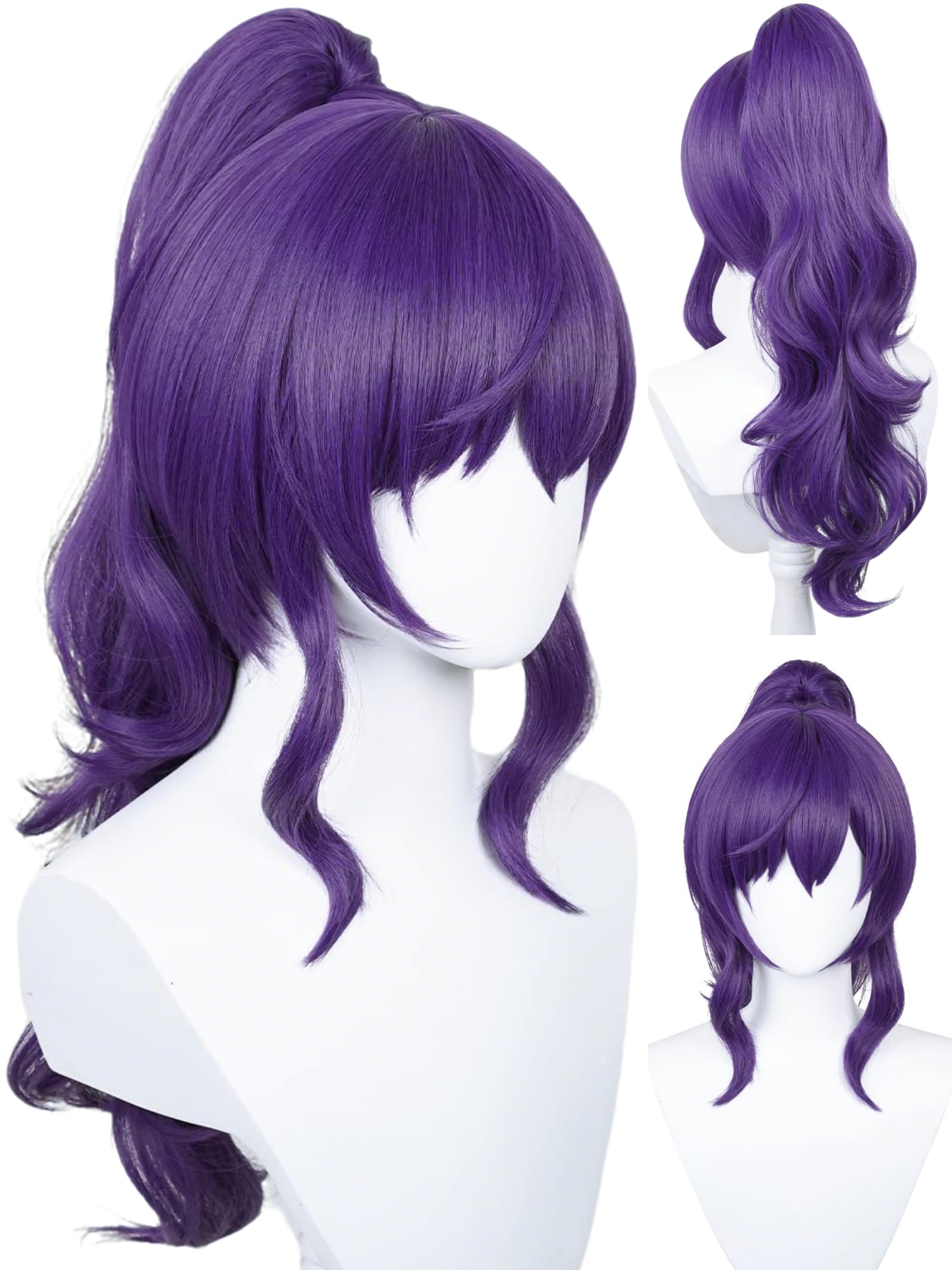 Photo 1 of Purple Ponytail Wig with Bangs Asahina Mafuyu Cosplay Wigs 23.6'' Long Curly Dark Purple Anime Pigtail Wig for Women Halloween Costume Party