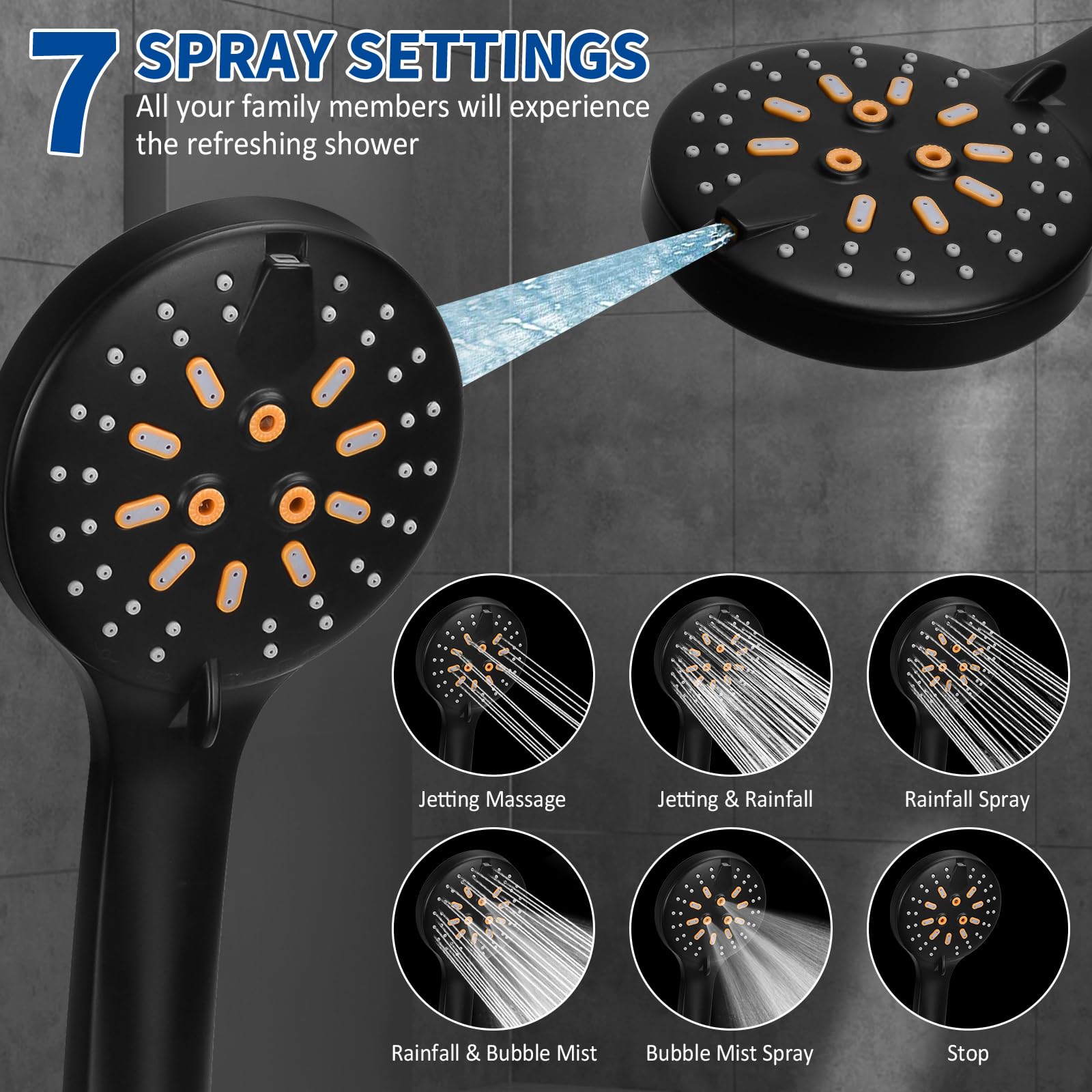 Luxsego Dual Rain Shower Head with Handheld Spray Combo, 8.8 Inch High Pressure Showerheads Built-in Power Wash with 7 Spray Modes & Anti-Clog Nozzles, Easy Install Shower System for Hard Water, Black