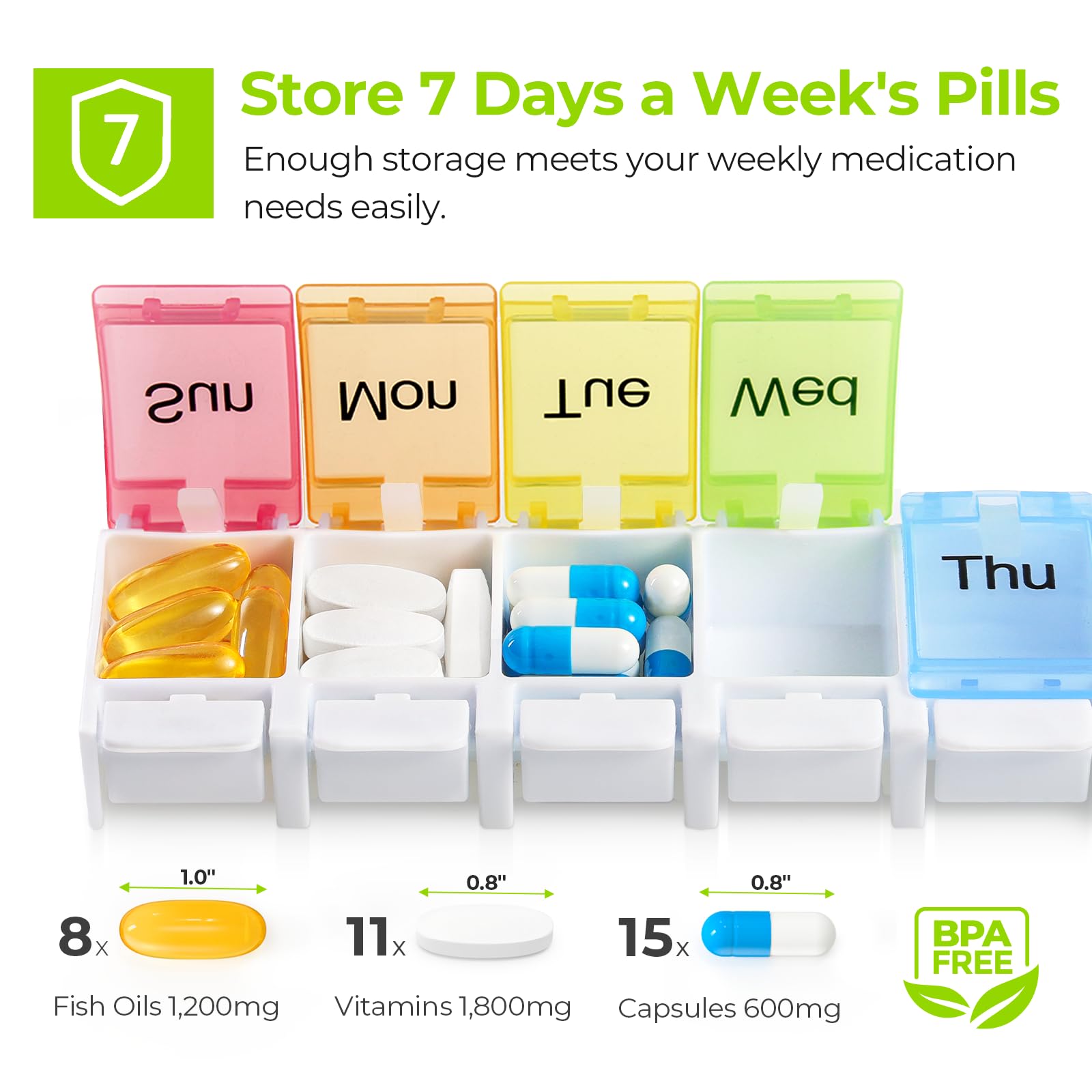 AUVON Weekly Pill Organizer Arthritis Friendly, BPA Free Travel 7 Day Pill Box Case with Spring Open Design and Large Compartment to Hold Vitamins, Cod Liver Oil, Supplements and Medication
