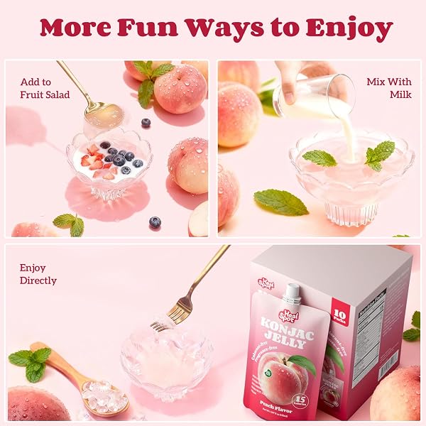 HEALSPOT REAL FRUIT JUICE SNACKS KONJAC JELLY WITH COLLAGEN PEPTIDES AND VITAMIN C, NO ARTIFICIAL SWEETENER, LOW CALORIES|GLUTEN FREE|KETO FRIENDLY, HEALTHY KOREAN SNACKS 10 POUCHES PEACH FLAVOR