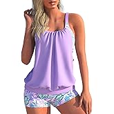 MODLILY Cut Out Tankini Swimsuits for Women, Two Piece Bathing Suits, Fake 2 in 1 Blouson Top with Boyshorts