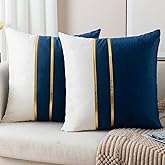 ZLINA Set of 2 Velvet Decorative Throw Pillow Covers Navy Blue White Patchwork with Gold Leather Pillow Covers 18 × 18 Inch Cushion Covers Decor Living Room Sofa Bedroom Car
