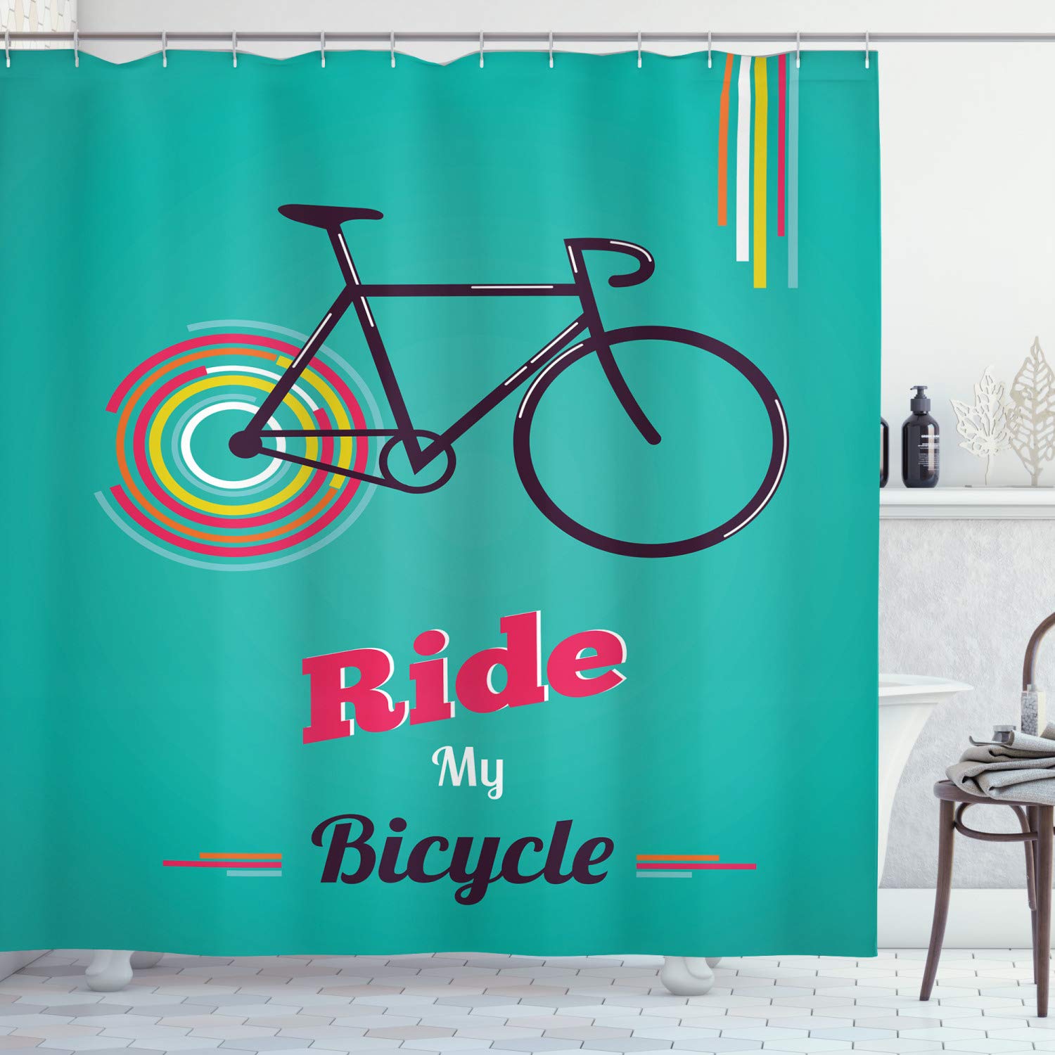 ABAKUHAUS Vintage Shower Curtain, Ride My Bicycle Theme Poster Style Retro Bike Hipster Art Illustration, Cloth Fabric Bathroom Decor Set with Hooks, 70 Inches, Teal Hot Pink Black
