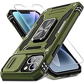 DEERLAMN Case for iPhone 14 Plus with Slide Camera Cover+Screen Protector(1 Pack), Rotated Ring Kickstand Military Grade Shockproof Protective Cover 6.7 Inch-Olive Green