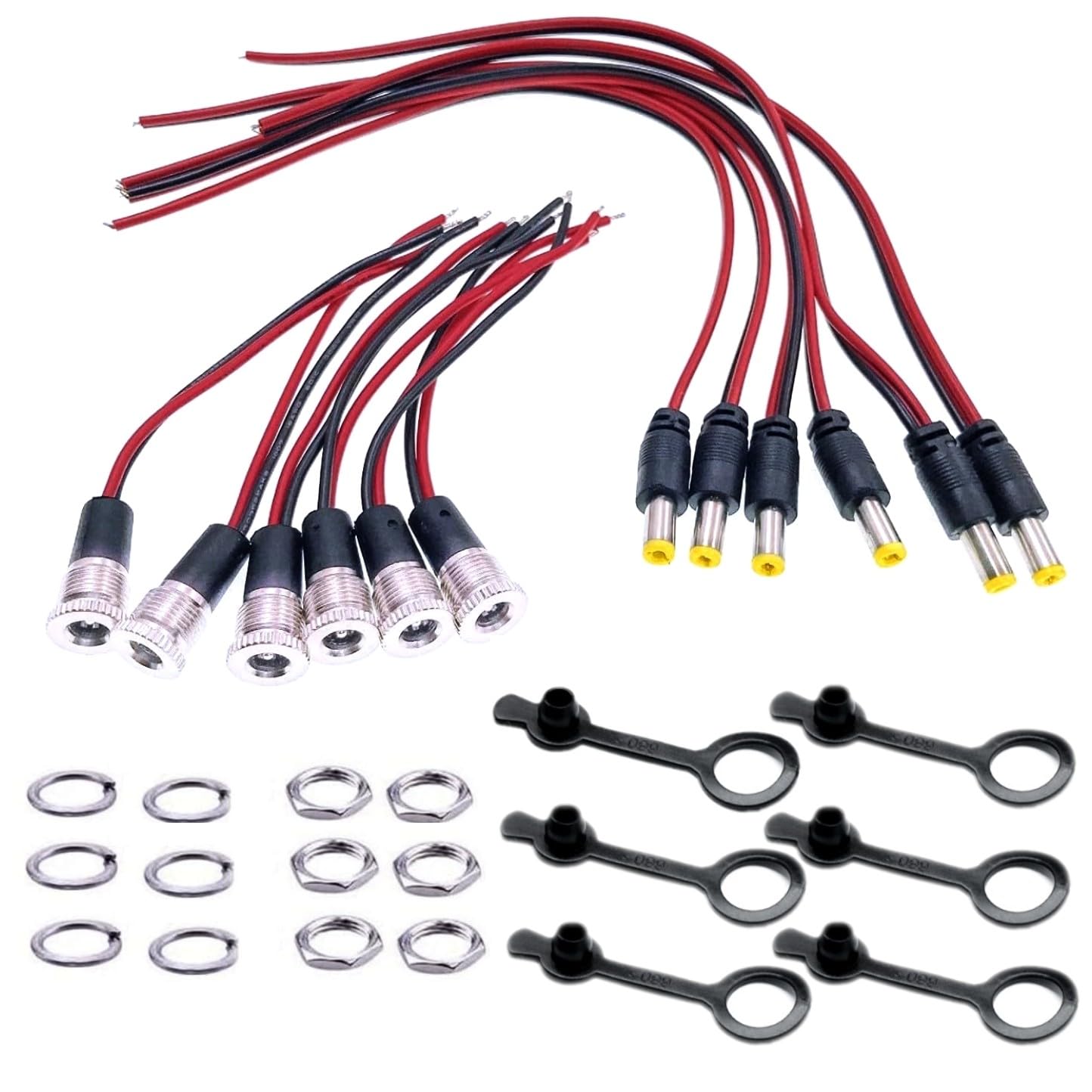 JZK 6PCS 5A DC power connector 5.5mm x 2.1mm jack socket threaded female adapter with cable and 6PCS 5.5 x 2.1mm DC male barrel socket jack plug with wire