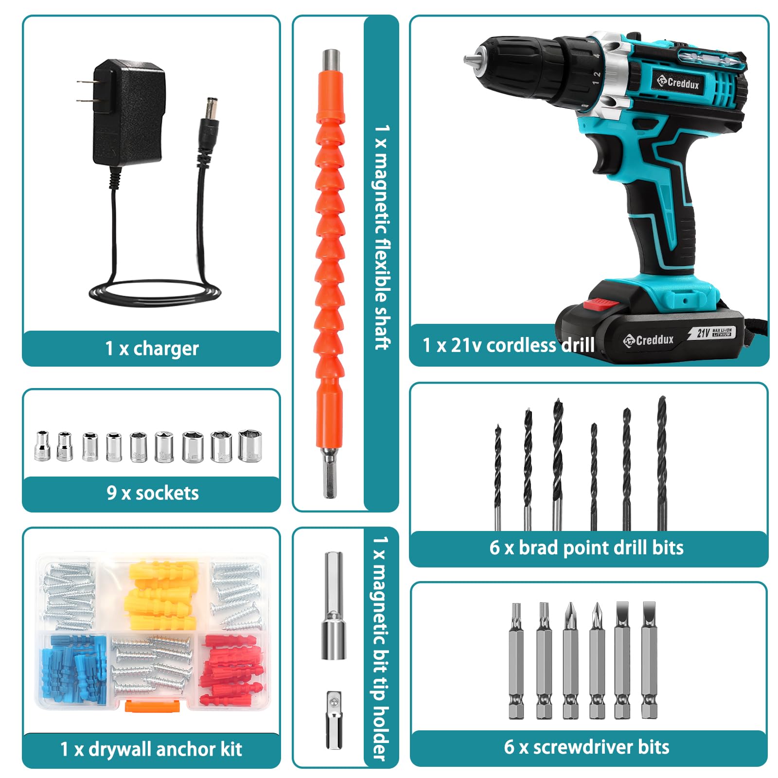 Creddux Cordless Drill Set 21v Power Drill Cordless With Battery & Charger, 84pcs Accessories Electric Drills Variable Speed, 3/8