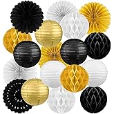 Raiten 18 Pcs Black Gold Party Decorations Kit Black Gold and Sliver White Paper Lanterns Hanging Round Paper Fans Hanging Honeycomb Ball for Birthday Holiday Party Supply