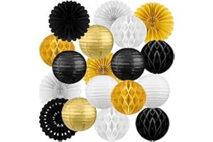 Raiten 18 Pcs Happy New Year Party Decorations Kit Black Gold and Sliver Paper Lanterns Black Gold White Hanging Round Paper Fans Hanging Honeycomb Ball for Birthday Wedding New Year Eve Party Supply