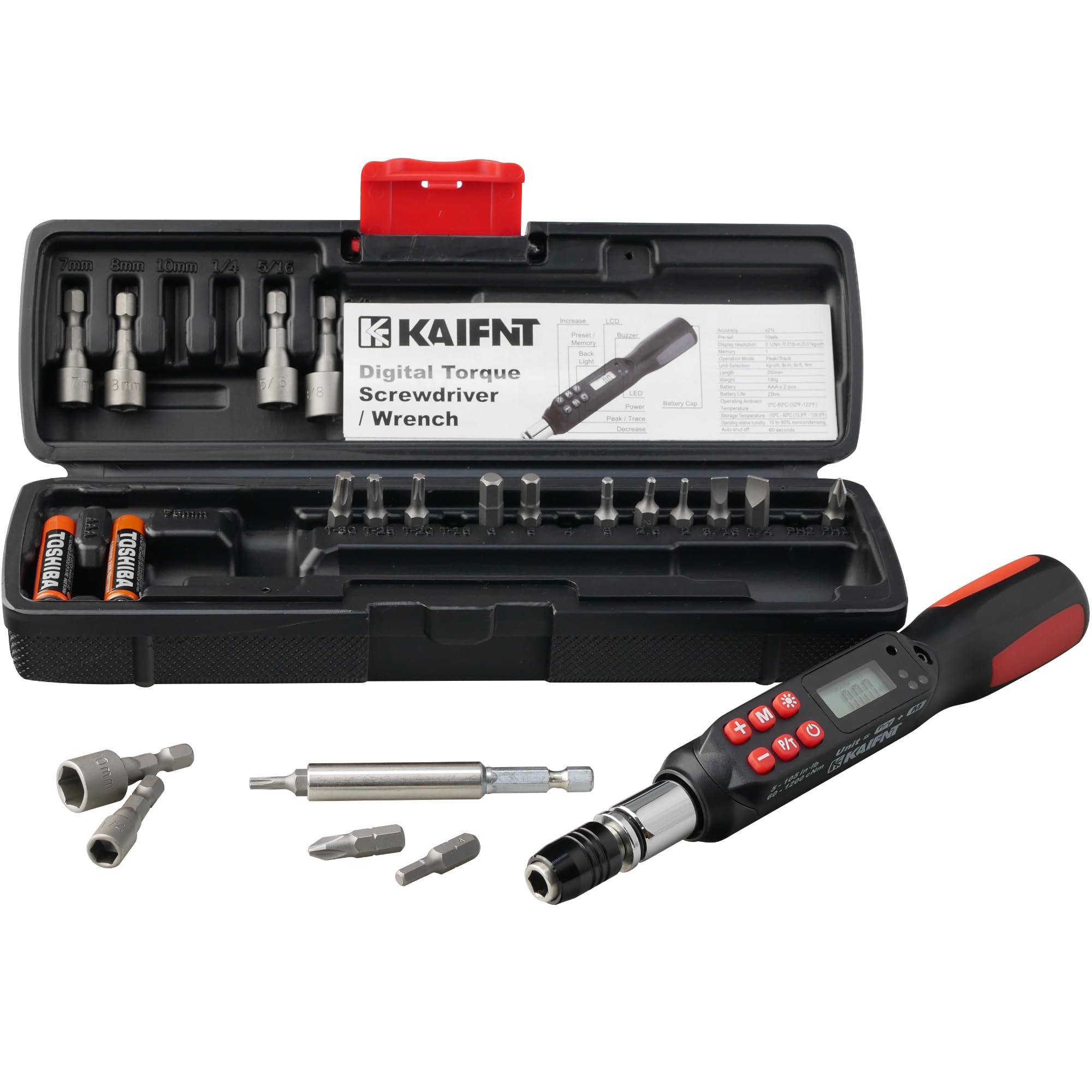 KAIFNT K551 Digital Torque Screwdriver/Wrench Set, 5 to 105 in·lbs, Buzzer/LED Flash Notification, Dual Direction