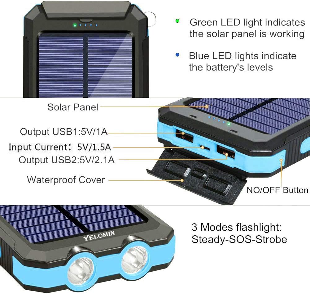 Solar Power Bank,Yelomin 20000mAh Portable Outdoor Mobile Charger,Camping External Backup Battery Pack Dual USB 5V 1A/2A Outputs 2 Led Light Flashlight with Compass: Home Audio & Theater