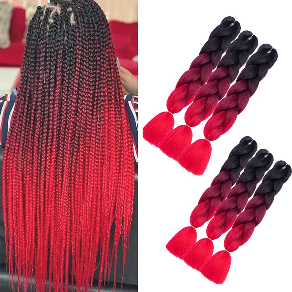 red braiding hair 6 packs ombre jumbo braids hair extensions soft yaki texture Afro Hair Extensions for Braiding Crochet Twist Braids Hair For Women Girls Festivals,Daily Wear (black/burgundy/red) ๏ปฟ โ image 1