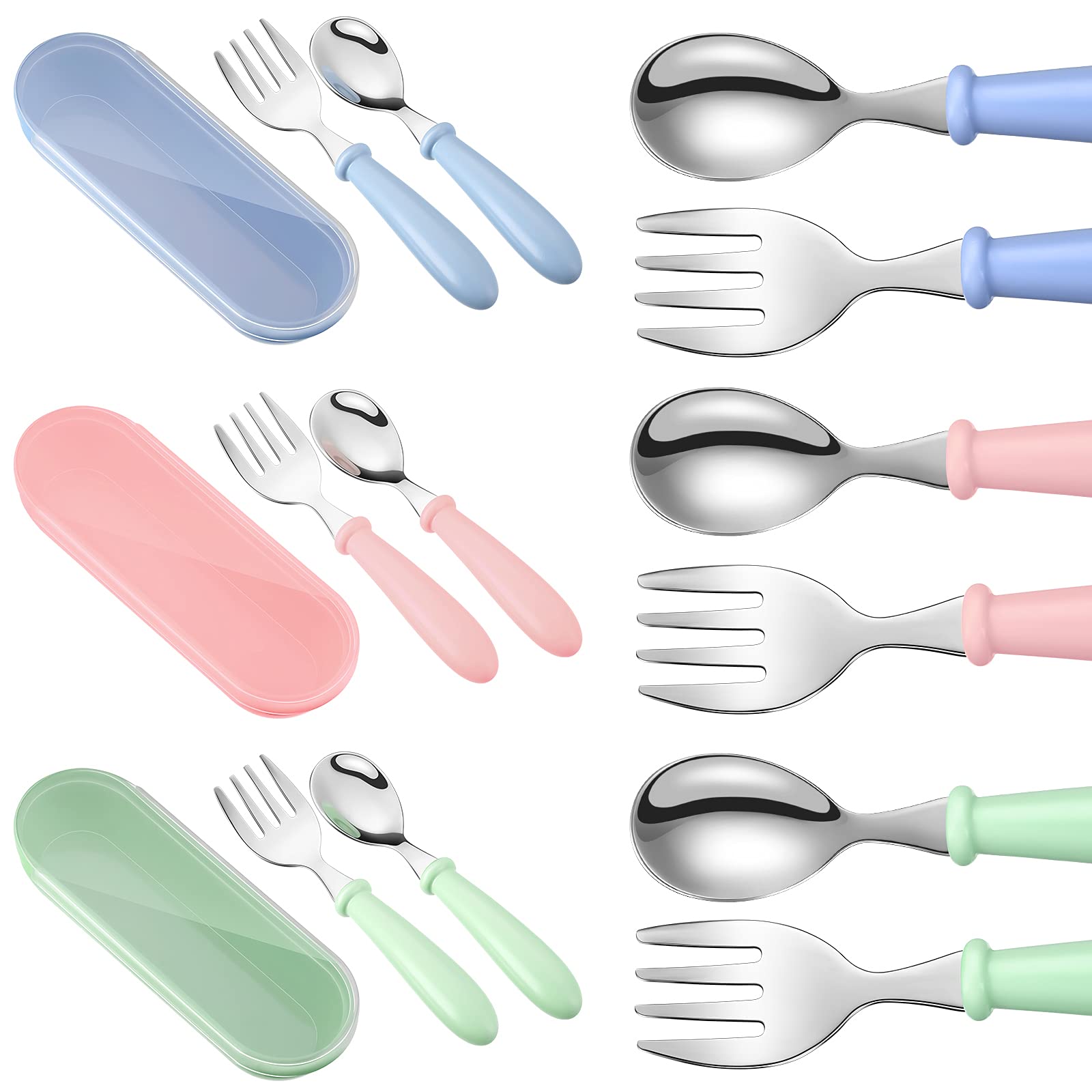 Photo 1 of 9 Pieces Toddler Utensils Stainless Steel Fork and Spoon Safe Baby Silverware Set, Kid Safe Utensils Children's Flatware Kids Cutlery Set with Round Handle for LunchBox (Blue, Green, Pink)